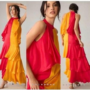 Anthropologie Mock Neck Colorblock Ruffled Maxi Dress NWT XL